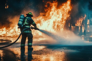 Obraz premium Firefighter battling intense blaze with hose 