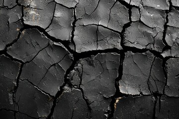 A close-up view of a textured black surface featuring intricate cracked patterns, showcasing the beauty of natural decay and wear.