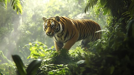 Tiger walking through lush tropical jungle