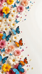 colorful flowers and butterflies on a white background