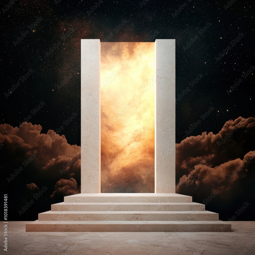 Poster a futuristic portal surrounded by clouds and stars, symbolizing a gateway to another realm or dimens