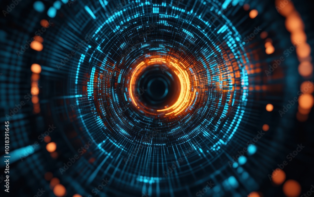 Poster vibrant abstract digital tunnel with glowing lines and particles in blue and orange tones, creating 