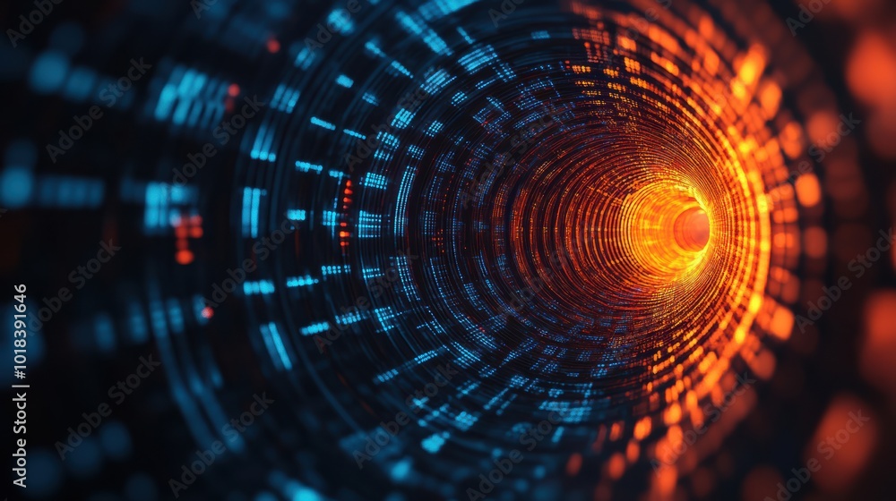 Aufkleber abstract digital tunnel with vibrant orange and blue lights creating a mesmerizing flow, representin