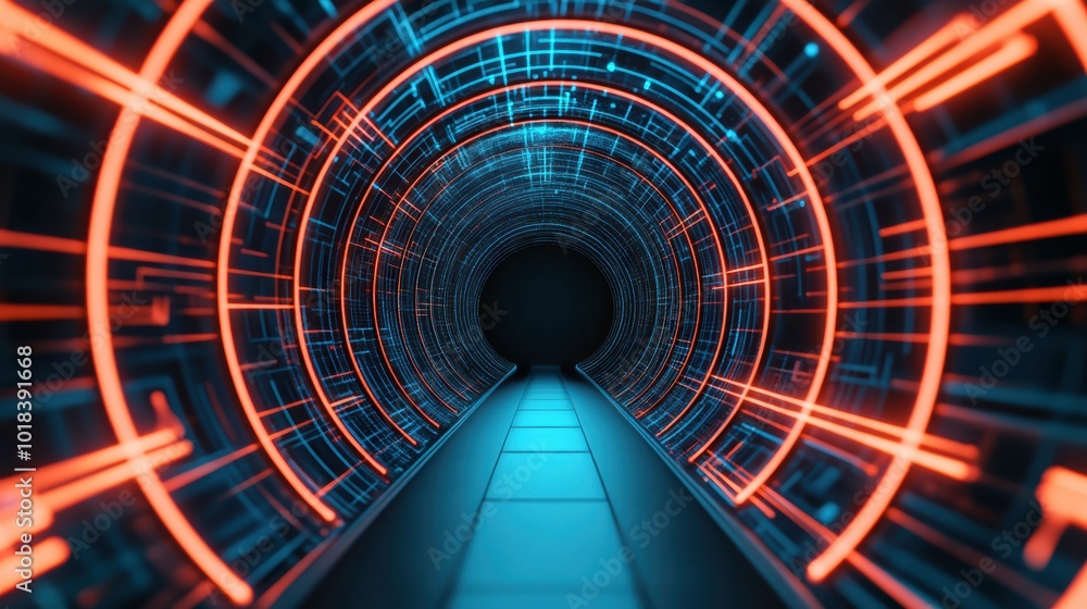 Poster futuristic tunnel with glowing blue and red lines, creating a digital illusion. ideal for technology