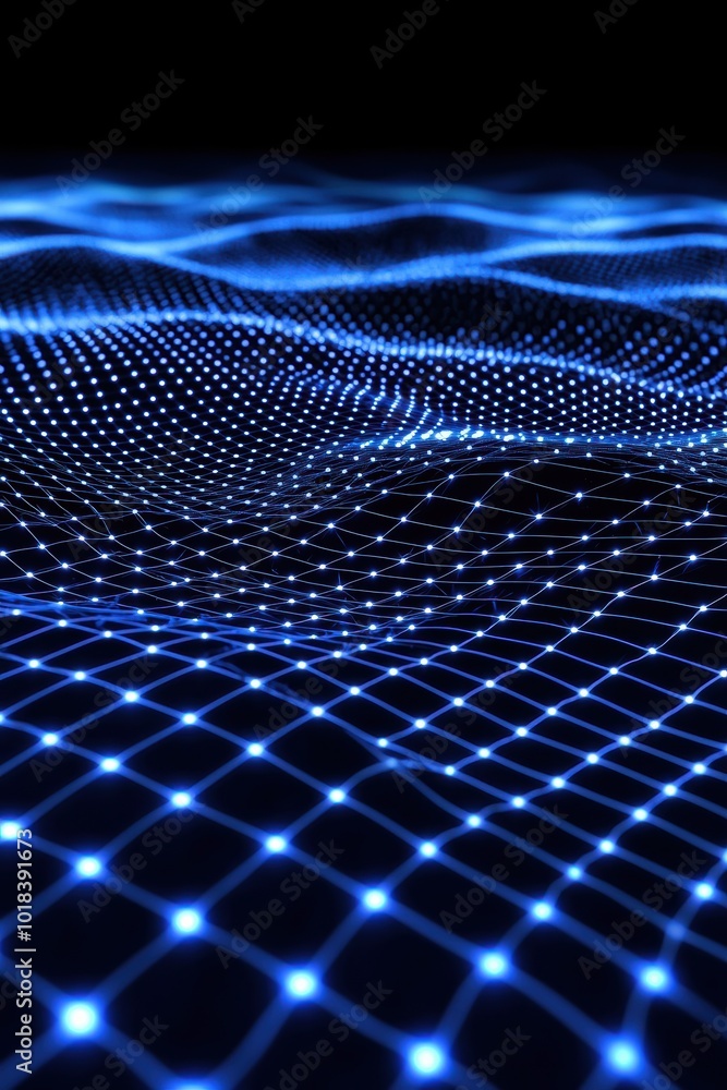 Poster abstract representation of a blue wave network, showcasing connected nodes and luminous points again
