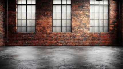 Naklejka premium Industrial Loft Interior With Three Windows And Concrete Floor