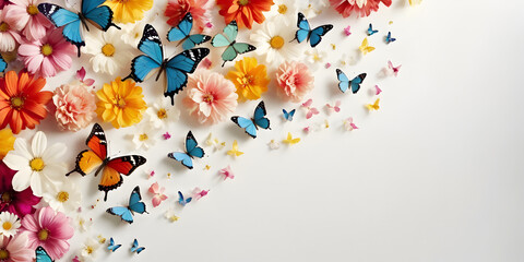 colorful flowers and butterflies on a white background