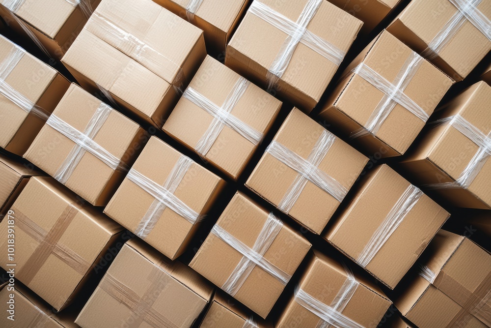 Poster aerial view of neatly stacked cardboard boxes, showcasing efficient organization for shipping and st