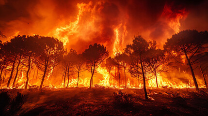 A wildfire burning through a dry forest, with flames and smoke illustrating the natural disaster