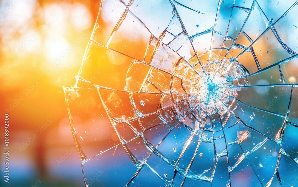 Poster close-up of a shattered glass window with a beautiful bokeh background, highlighting the intricate p