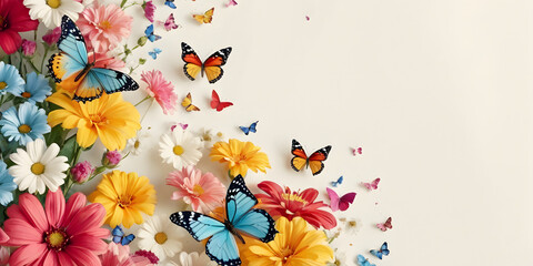 colorful flowers and butterflies on a white background