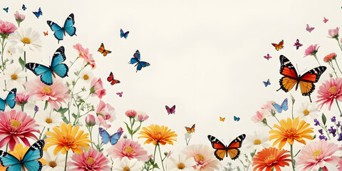 colorful flowers and butterflies on a white background