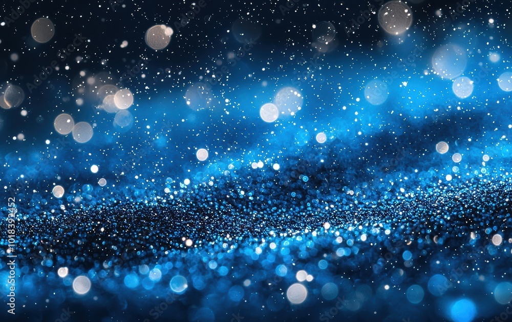 Poster a shimmering blue background filled with sparkling bokeh lights and delicate particles, perfect for 