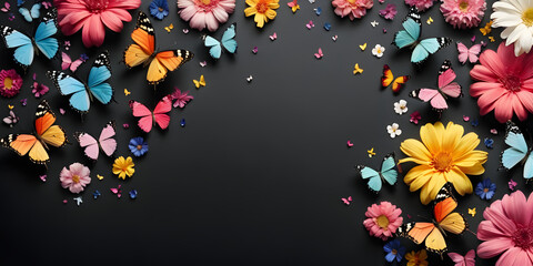 flowers and butterflies are decorated on the black background