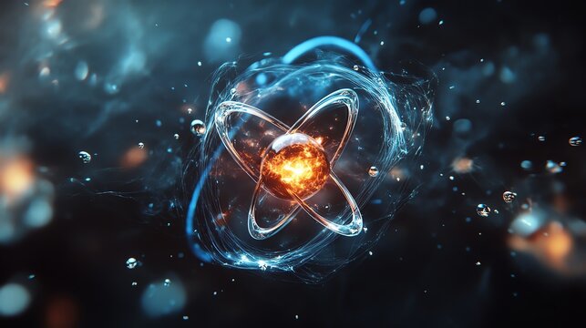 Atom with glowing nucleus and particles.
