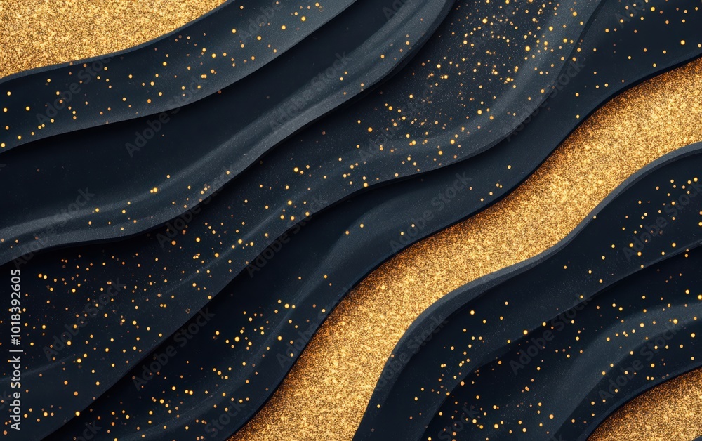 Poster elegant abstract waves in black and gold, creating a luxurious texture with sparkling details. perfe