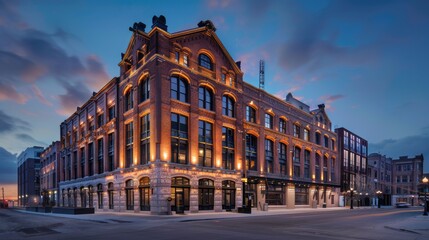 Obraz premium Historic brick building with large windows illuminated at dusk. The building is on a city street with other buildings in the background. The sky is a blue-purple.