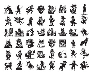 Funny Wolf Silhouettes Clipart Design, Grey wolf Different Activities vector illustration Bundle
