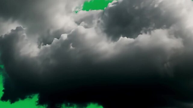 Dark storm clouds are gathering and swirling on a solid green screen background, perfect for visual effects and compositing in video production
