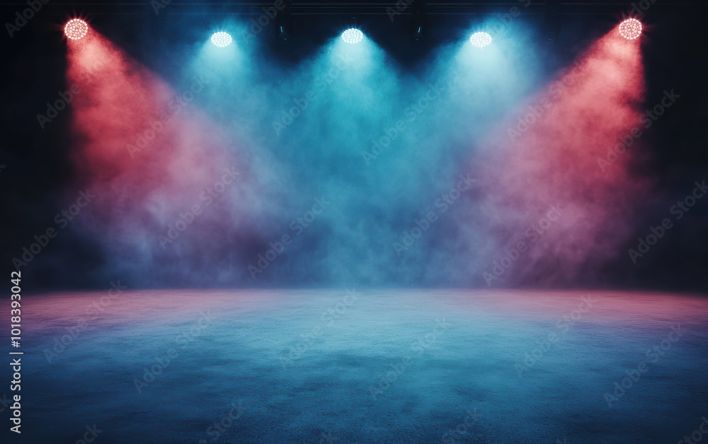 Aufkleber dynamic stage with vibrant blue and red lights creating an electrifying atmosphere for performances 