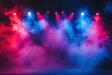 Colorful stage lights illuminate a misty atmosphere, creating a vibrant and dynamic backdrop for performances or events.