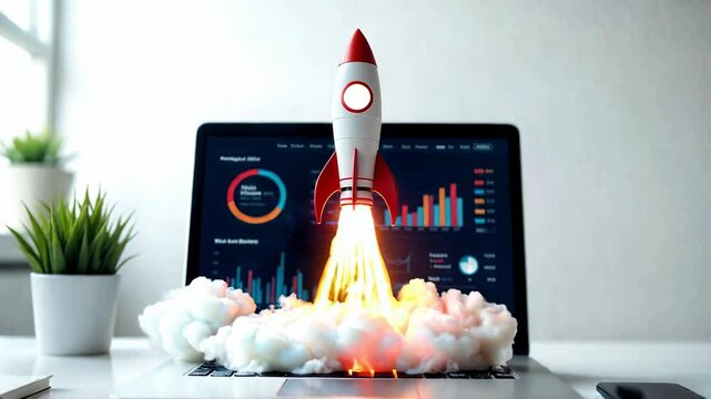 Space rocket launch from a laptop computer. Business startup innovation concept.