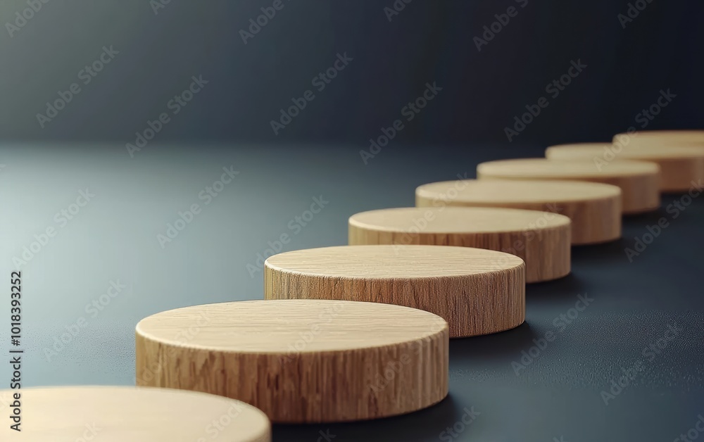 Poster minimalistic wooden discs arranged in a sequential line, showcasing modern design and simplicity, pe
