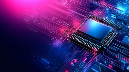 Technology concept with a computer chip blue and purple background and copy space