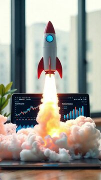 Space rocket launch from a laptop computer. Business startup innovation concept.
