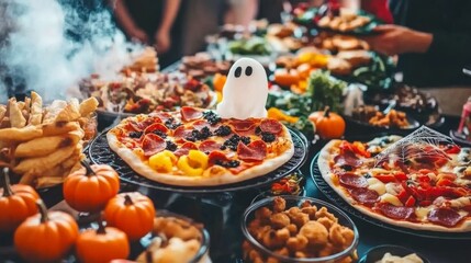 Fototapeta premium Family creating spooky Halloween-themed pizzas with pumpkin-shaped cheese ghost pepperoni