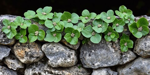 Green foliage thrives amidst a backdrop of rugged, weathered stones, creating a picturesque tapestry of life and resilience
