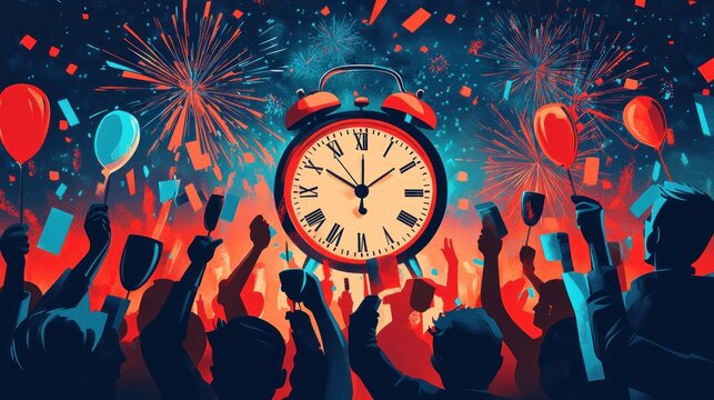 A large red alarm clock with Roman numerals is in the center of the image, with a large crowd celebrating behind it. Fireworks are exploding in the background, and confetti is raining down.