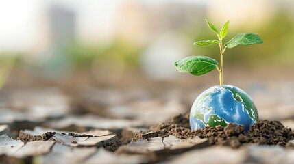 Young plant growing on earth globe in dry cracked soil symbolizing environmental sustainability. Earth Day, World Environment Day, Global Climate Change Awareness