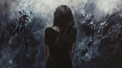 Obraz premium Woman in a Storm: A Painting of Shadows and Emotion