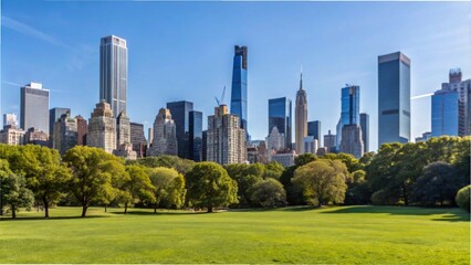 Obraz premium A vibrant city skyline featuring Manhattan skyscrapers, surrounded by the greenery of Central Park's grass and trees.