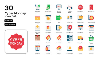 Cyber Monday Flat Icon Set: Flash Sales, Online Discounts, and Holiday Shopping Icons