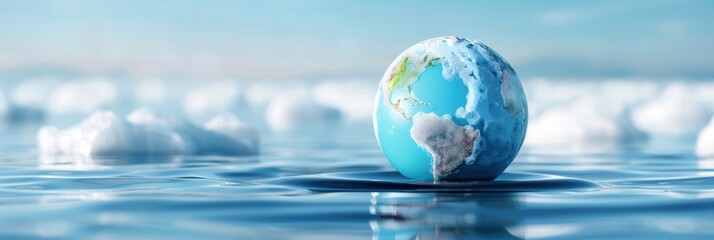 A beautiful globe floating on water, surrounded by soft clouds, symbolizing planet Earth and...