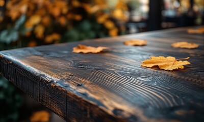 Corner Rustic Table Background with Scattered Grapevine Leaves for Wine Display