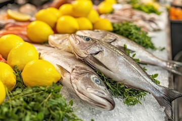 Fresh fish displayed on ice with vibrant lemons and herbs, showcasing a colorful seafood market arrangement.