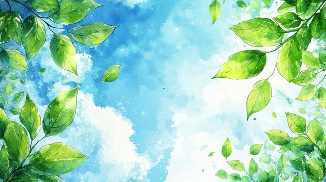A vibrant, artistic representation of lush green leaves against a bright blue sky, evoking feelings of tranquility and connection with nature.