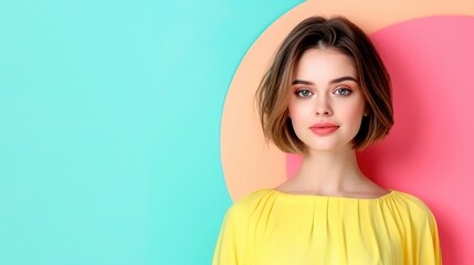 Obraz premium Portret młodej kobiety w jaskrawożółtej bluzce na żywym pastelowym tle.