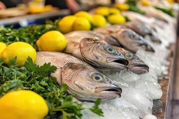 Fresh fish displayed on ice with vibrant lemons and parsley, showcasing the essence of quality seafood in a market setting.