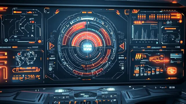 A futuristic control panel displays various data and readings, including a map of the world and a central display showing a countdown timer