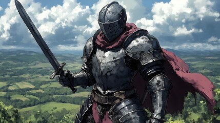 Valiant Knight in Polished Steel Armor Raises Longsword to Vanquish Foes