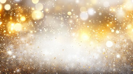 Abstract background with golden bokeh lights and glitter.