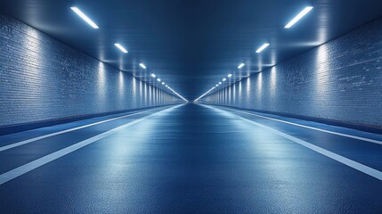 Fototapeta premium A long, empty tunnel with bright fluorescent lights illuminating the smooth asphalt road and brick walls