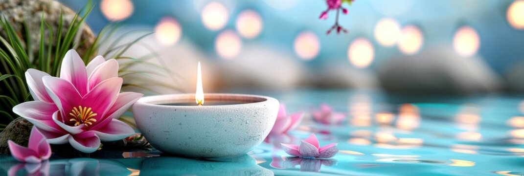 A serene scene featuring a floating candle surrounded by beautiful lotus flowers on tranquil water.