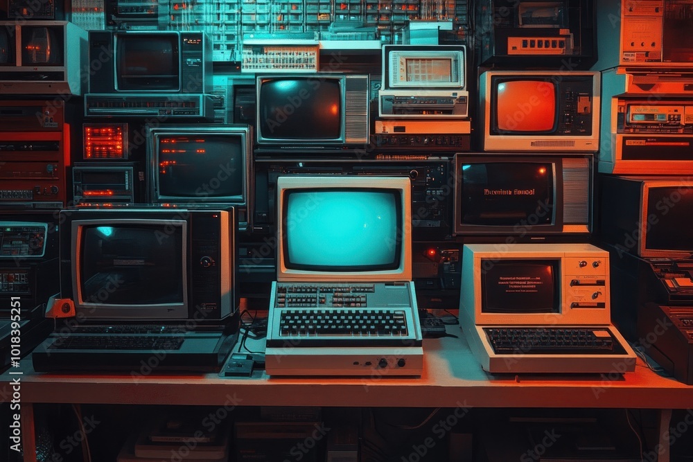 Poster a collection of vintage computers and monitors, arranged on a shelf and table. some of the screens a