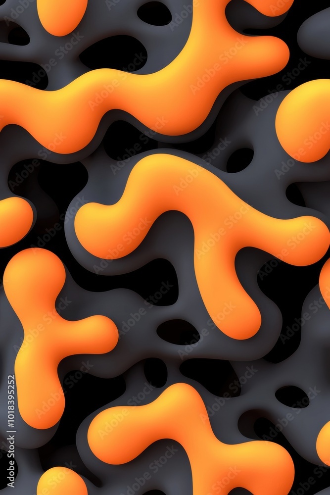 Poster abstract background featuring smooth orange shapes on a dark black surface, creating a modern and dy