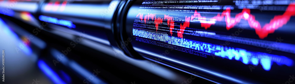 Poster close-up view of digital data visualizations on a sleek surface, showcasing dynamic graphs and tech 